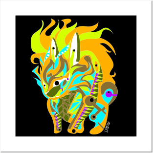 rabbit kaiju in rainbow electric colors in mexican patterns Posters and Art